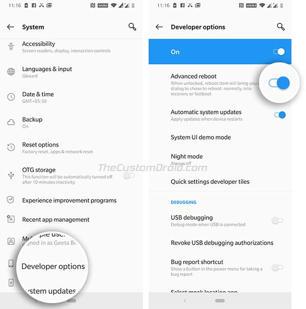 Boot OnePlus 7/OnePlus 7 Pro into Recovery Mode - Enable Advanced Reboot Option