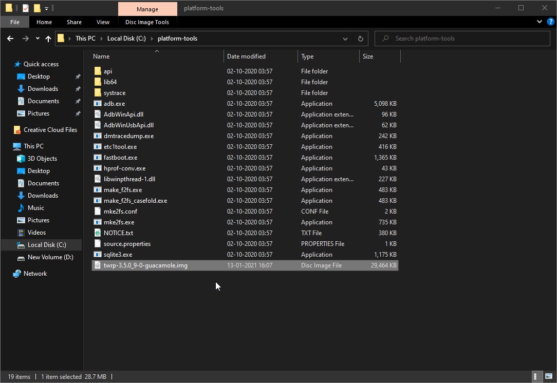 Copy OnePlus 7 TWRP Recovery Image inside 'platform-tools' folder