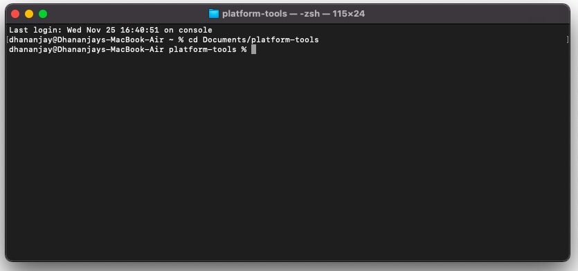 Запустите терминал macOS / Linux внутри папки platform-tools