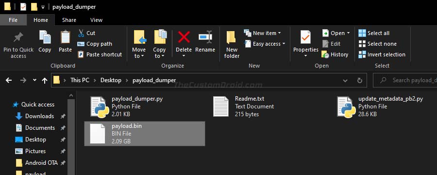 Copy 'payload.bin' file inside the 'payload_dumper' folder on the PC