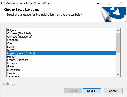 Install LG Mobile USB Drivers on Windows - Select Setup Language