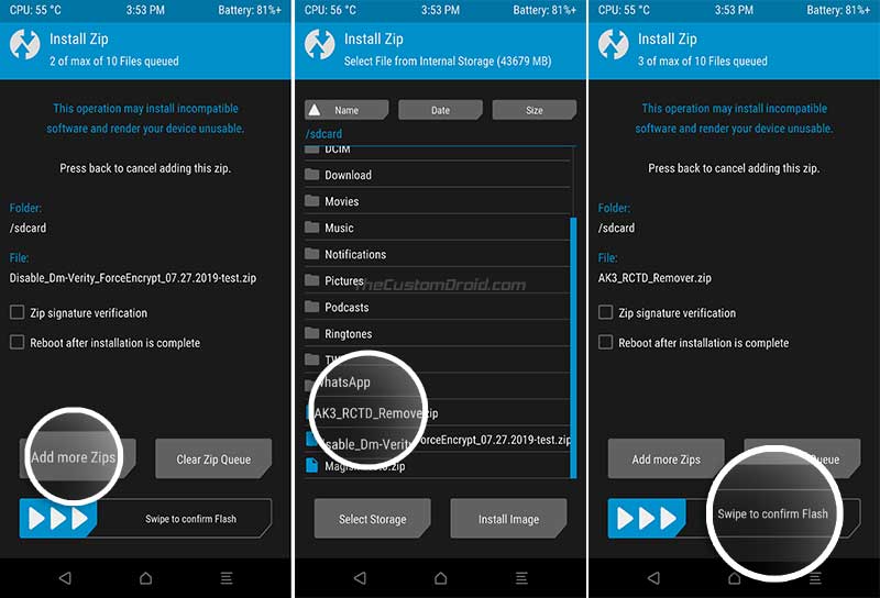 Add Forced-Encryption Disabler and RCTD Remover to Flashing Queue in LG V30 TWRP