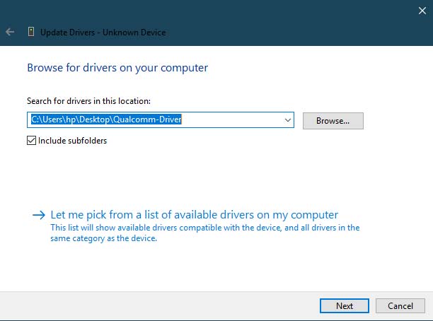 Install Qualcomm HS-USB QDLoader 9008 Drivers - Manual Method - Select Driver Folder