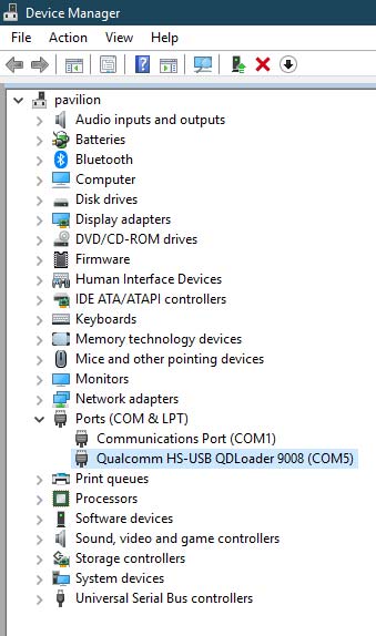 Android device detected as 'Qualcomm HS-USB QDLoader 9008' in Windows Device Manager