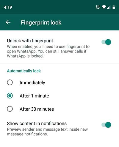 WhatsApp Fingerprint Lock Feature Options