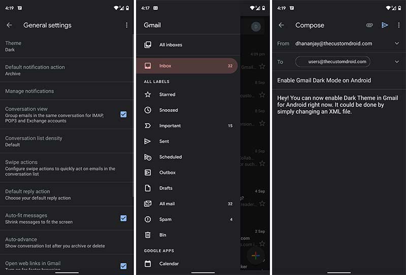 Dark Theme in Gmail for Android - Screenshots