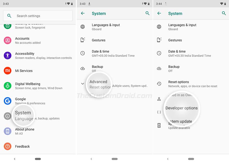 Enable OEM Unlock on Xiaomi Mi A3 - Go to Developer options