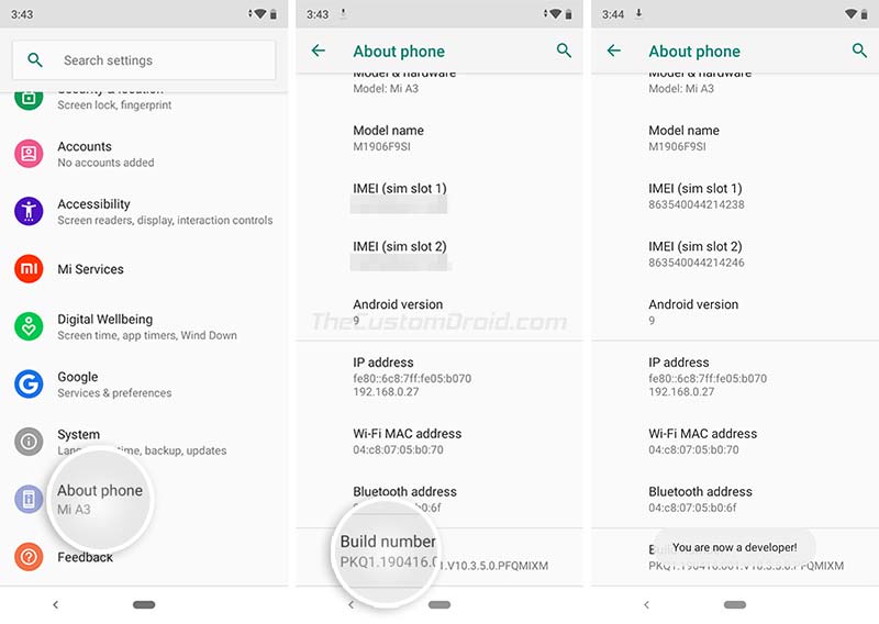 Enable OEM Unlocking on Xiaomi Mi A3 - Tap 5 times on 'Build number' section