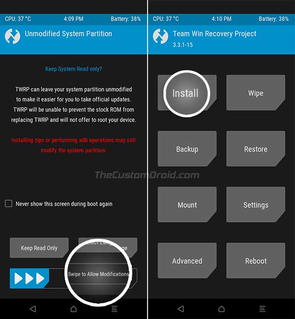TWRP on Xiaomi Mi A3 - Swipe to Allow Modifications