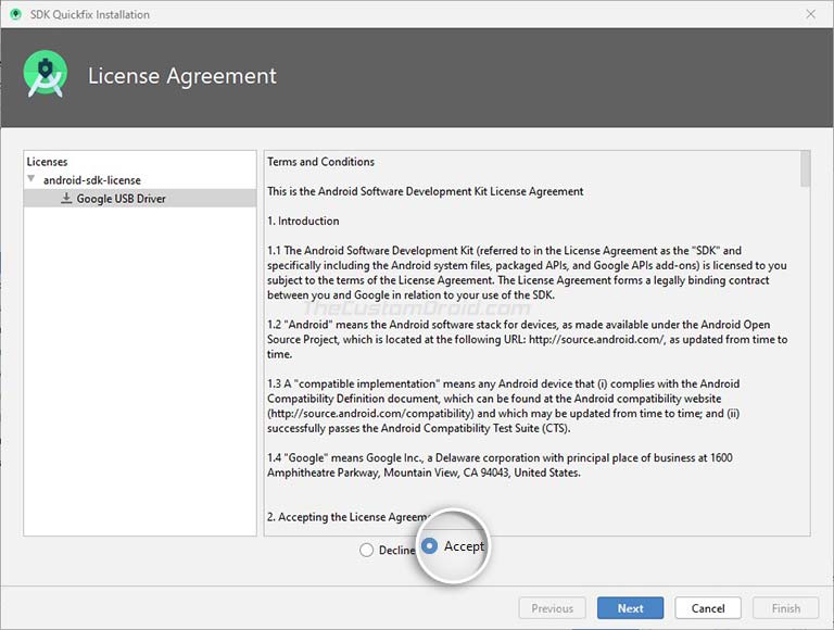 Accept the License Agreement and Click on 'Next' to download Google USB Drivers