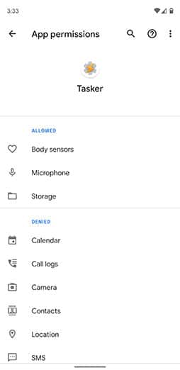 Grant Body Sensor, Storage, and Microphone permissions to the Tasker app