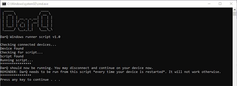Step 4: Launch DarQ ADB Script on PC to Run Required Background Service