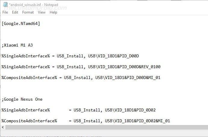 Modified 'android_winusb.inf' Google USB Drivers