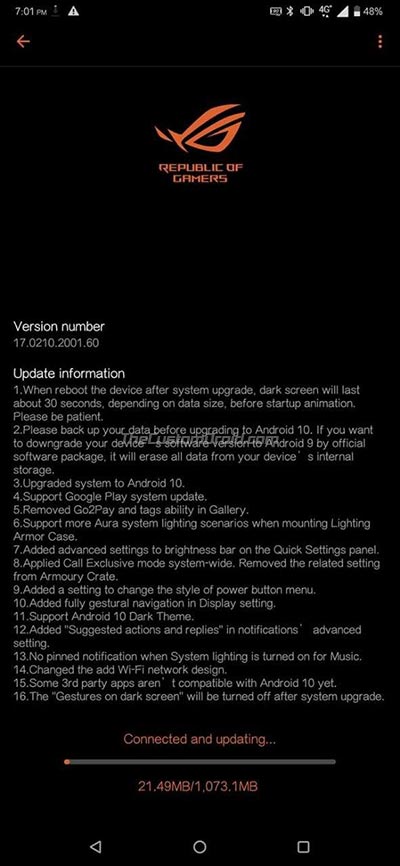ROG Phone 2 Android 10 OTA Notification