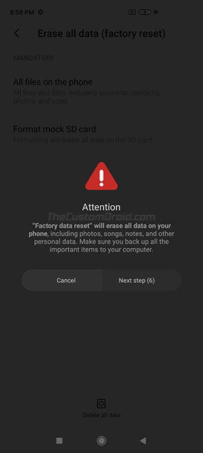 Press 'Delete all data' to perform a factory reset on Poco X2
