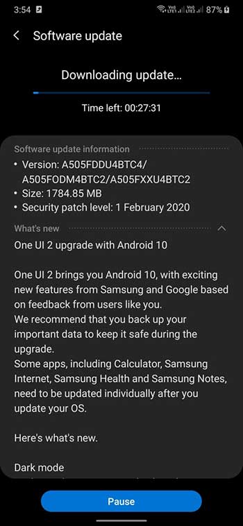 Samsung Galaxy A50 Android 10 OTA Update Notification