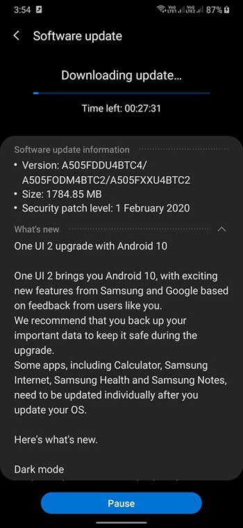 Уведомление об обновлении OTA для Android 10 Samsung Galaxy A50