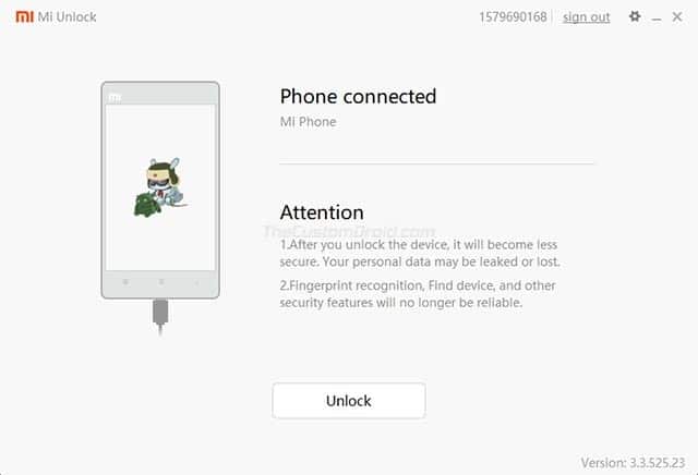 Phone Connected in Mi Unlock Tool, Click on 'Unlock'