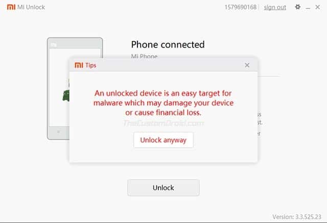 Click on 'Unlock anyway' to unlock the bootloader on your Xiaomi device