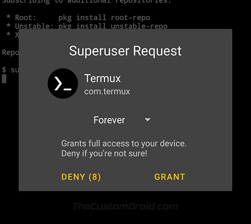 Grant root permissions to Termux (Terminal Emulator)