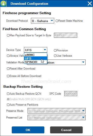 Select 'Device Type' under FireHose Common Setting