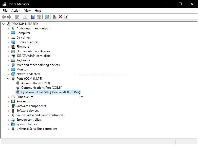 Qualcomm HS-USB QDLoader 9008 in Windows Device Manager