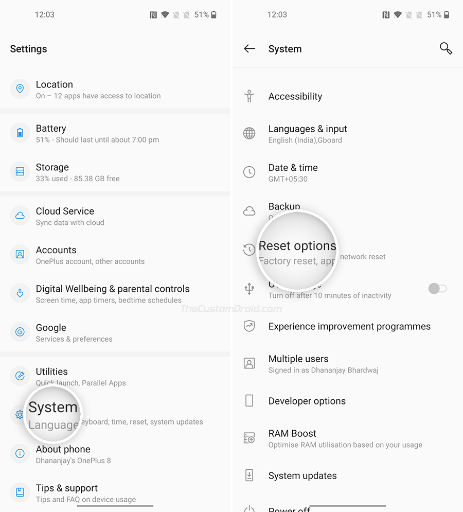 Select "Reset options" from "System" menu on OnePlus 8/8 Pro