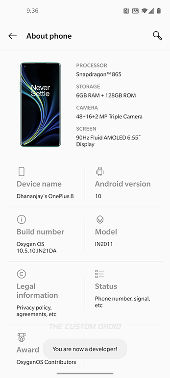 Параметры разработчика успешно включены на OnePlus 8 (Pro)