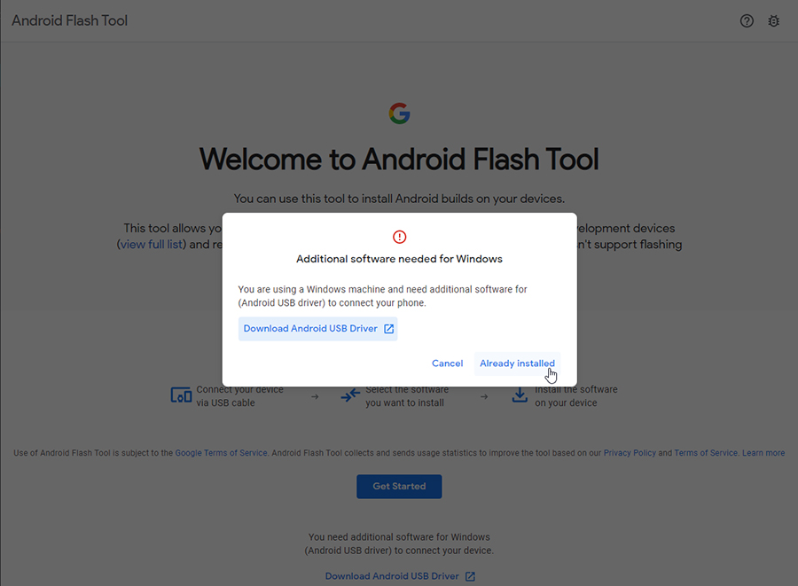 Android 11 Android Flash Tool - Drivers already installed