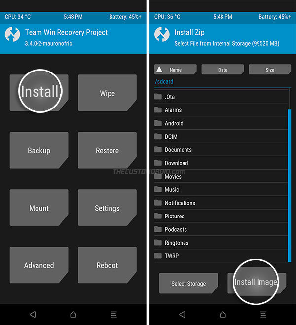 Выберите «Установить образ» в TWRP Recovery.