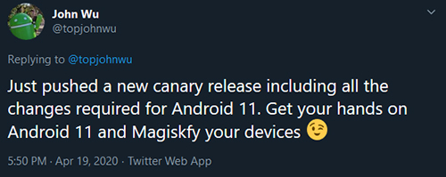 topjohnwu merged Android 11 support into Magisk Canary channel