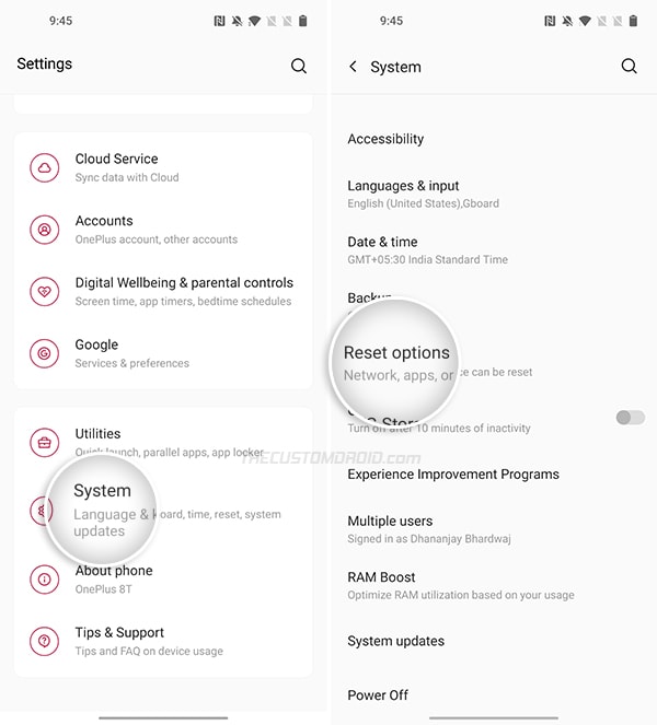 OnePlus 8T Factory Reset via Settings - Tap on 'Reset Options'