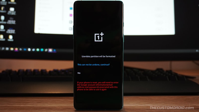Select "This can not be undone, continue?" to factory reset the OnePlus 8T