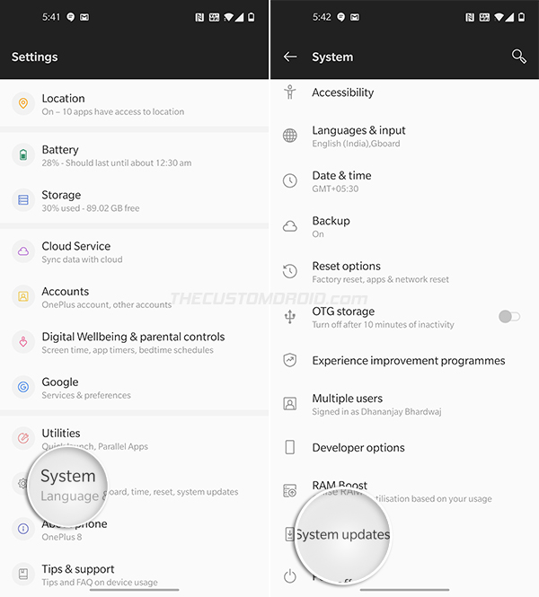 Go to Settings > System > System Updates on your OnePlus 8