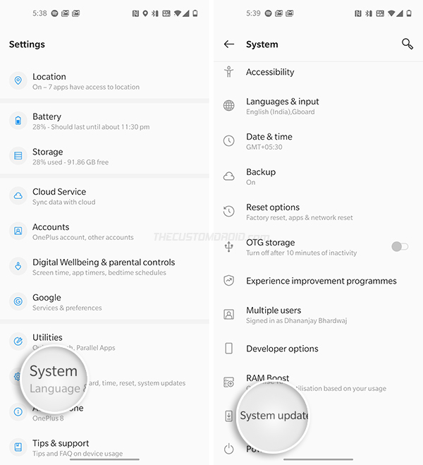 Manually Install OxygenOS on OnePlus 8 - Go to Settings > System > System updates