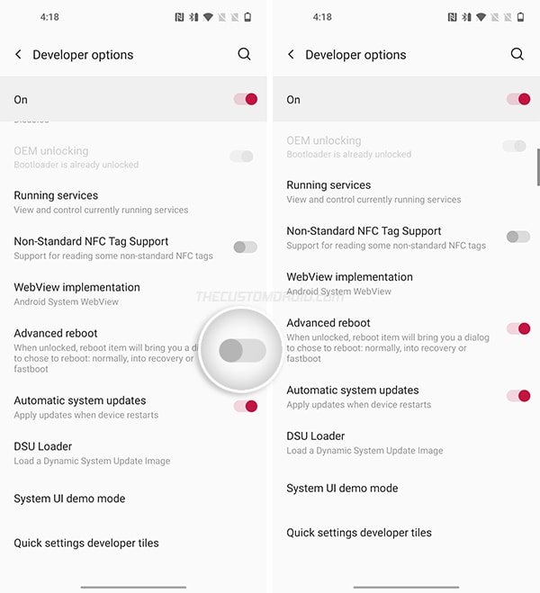 Turn on "Advanced Reboot" toggle in Developer Options on OnePlus 8T