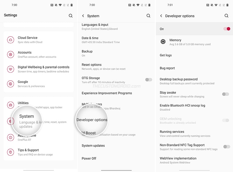 Acess Developer Options on OnePlus 8T - Go to "Settings" > "System" > "Developer options"