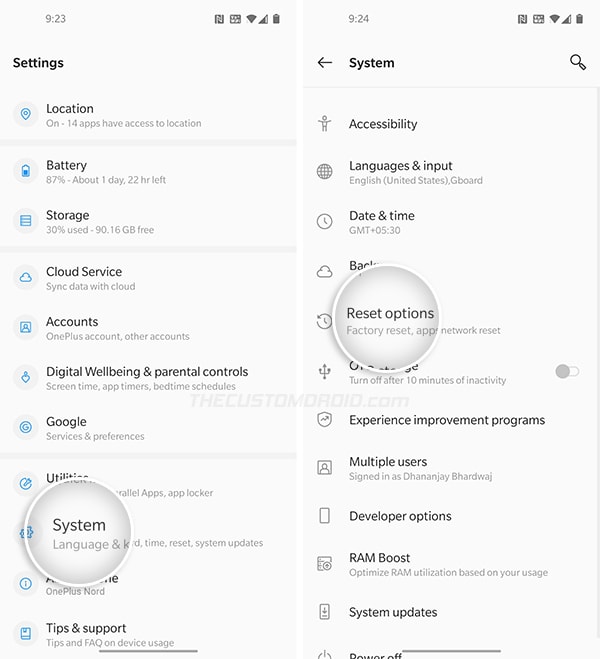 Go to "Reset Options" in settings menu on OnePlus Nord