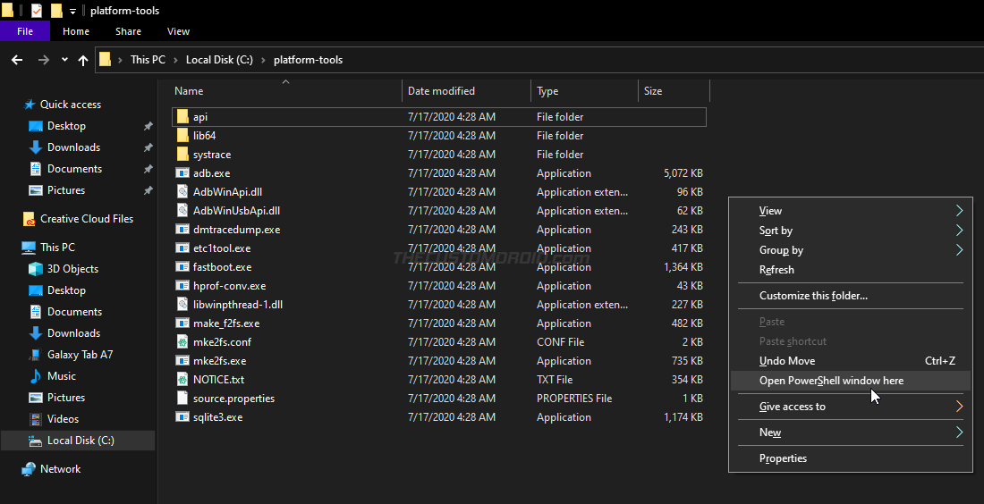 Шаг 3. Запустите PowerShell в папке «platform-tools»