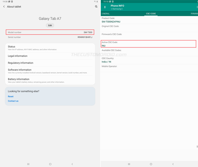 Получите номер модели Galaxy Tab A7 и код CSC