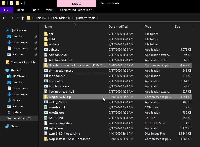 Move Magisk and Forced-encryption Disabler ZIP files inside 'platform-tools' folder