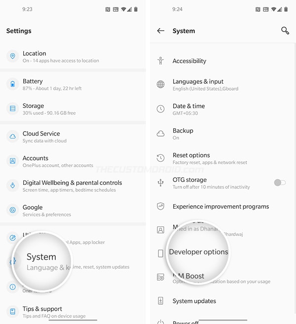 Open "Developer options" on OnePlus Nord