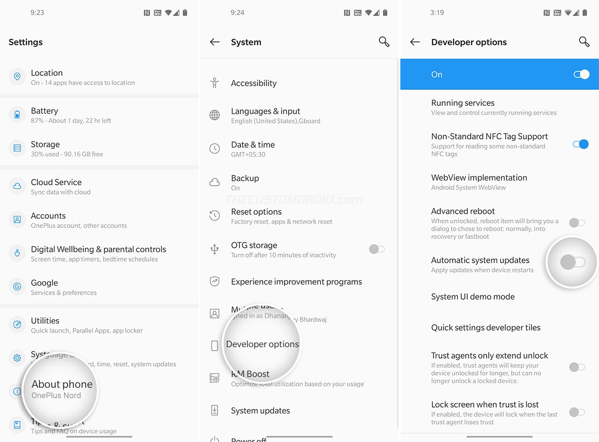 Disable Automatic System Updates in Developer Options on OnePlus Nord