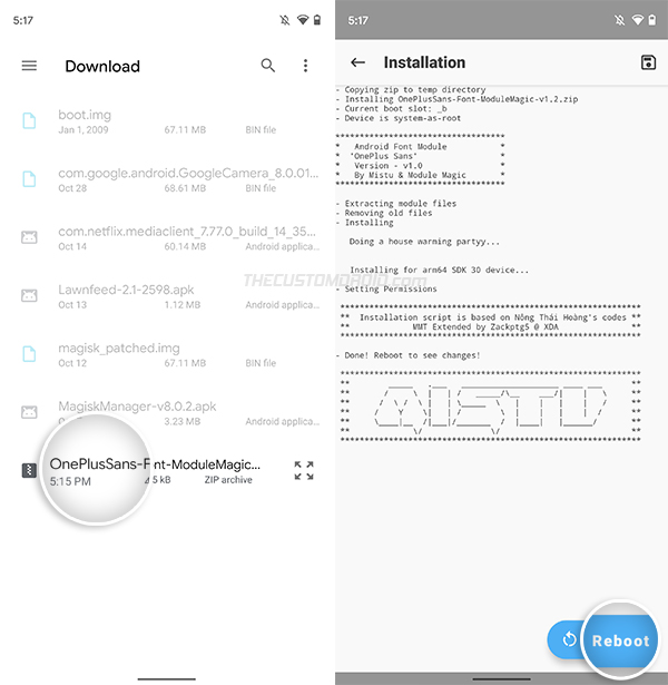 Установка модуля OnePlus Sans Magisk завершена