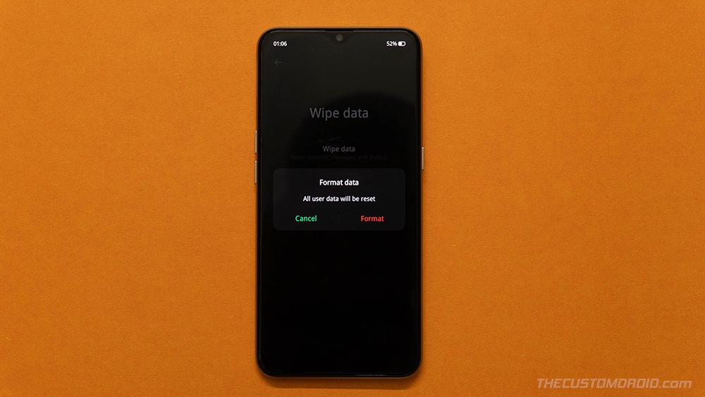 Select 'Format' to perform a factory reset on Realme X2 Pro