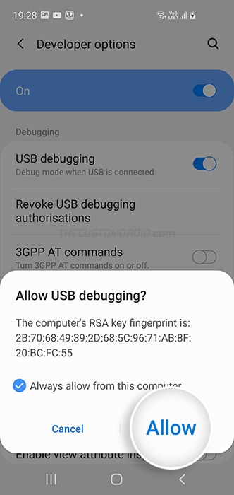 Allow USB Debugging connection on Samsung Galaxy S20
