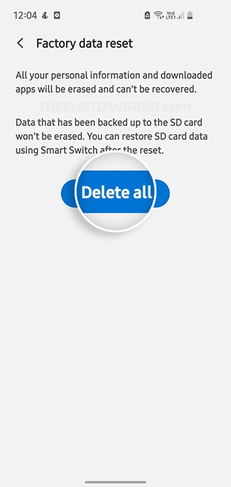 Press "Delete all" to confirm an factory reset Galaxy S20