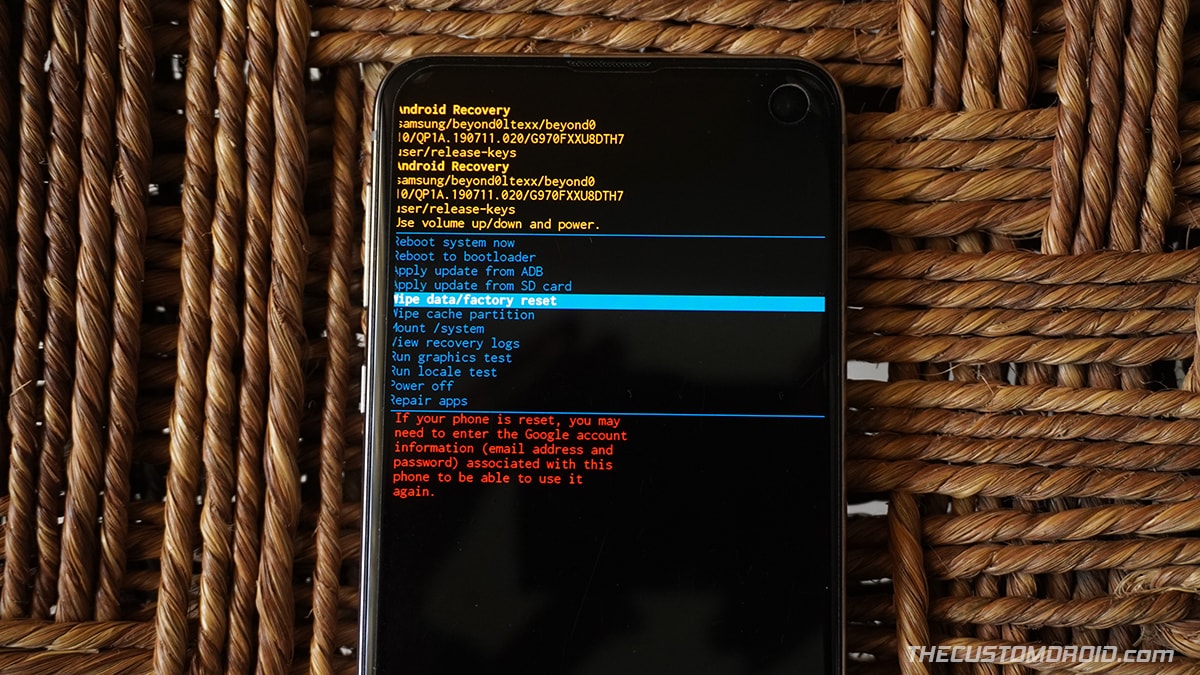Galaxy S20 Stock Recovery - Select "Wipe data/factory reset" option