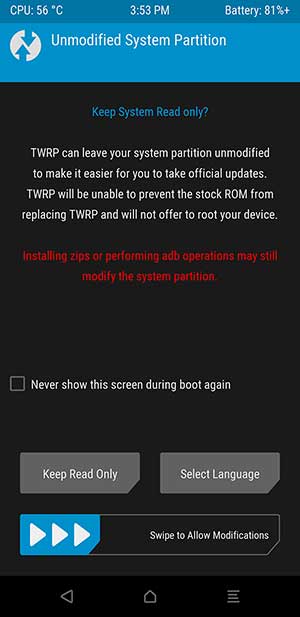 ROG Phone 3 TWRP - подсказка неизмененного раздела системы