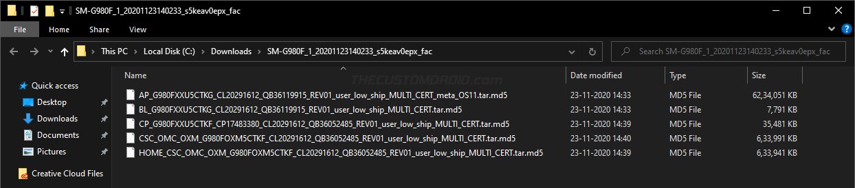 Extracted Galaxy S20 firmware files (AP, BL, CP, and CSC)